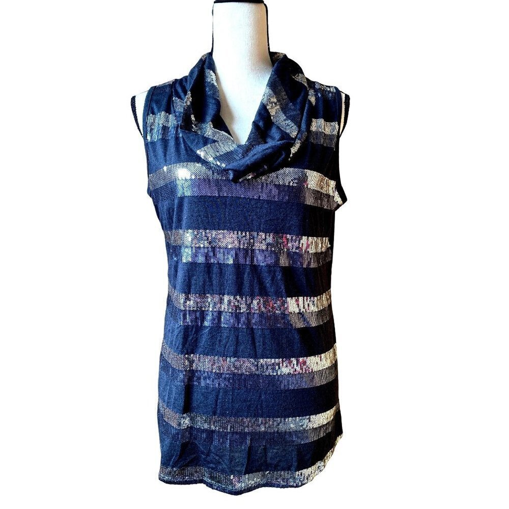 Dressbarn cowl neck striped‎ sequined top blouse women size Large